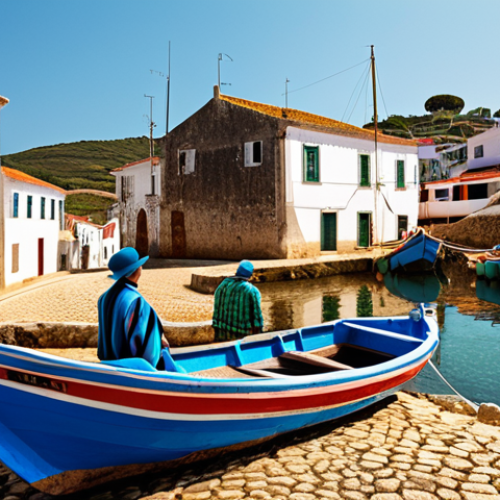 Home 18 **
A fashion editorial featuring vibrant boats and simple clothing of fishermen in a small Portuguese village. Focus on the use of unexpected fabric textures in a surprising and innovative way that led to the image being featured on a magazine cover. The overall feel should convey authenticity and a fresh perspective on style.
**