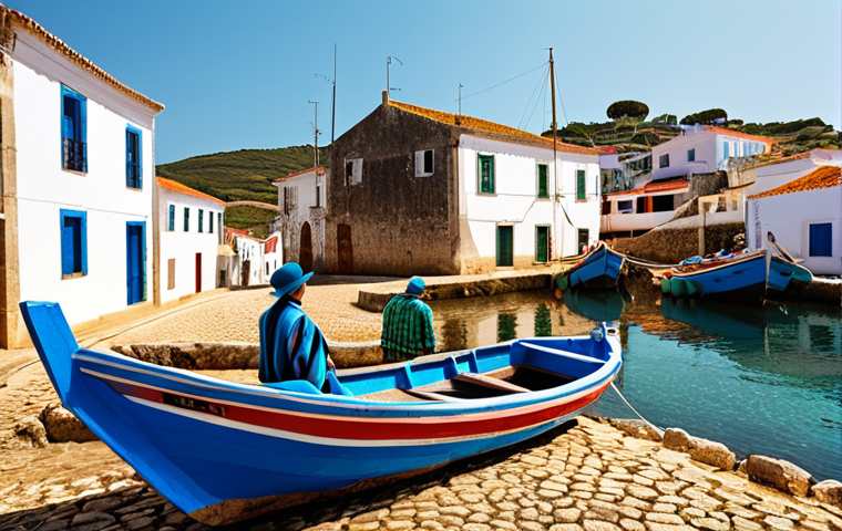 **
A fashion editorial featuring vibrant boats and simple clothing of fishermen in a small Portuguese village. Focus on the use of unexpected fabric textures in a surprising and innovative way that led to the image being featured on a magazine cover. The overall feel should convey authenticity and a fresh perspective on style.
**