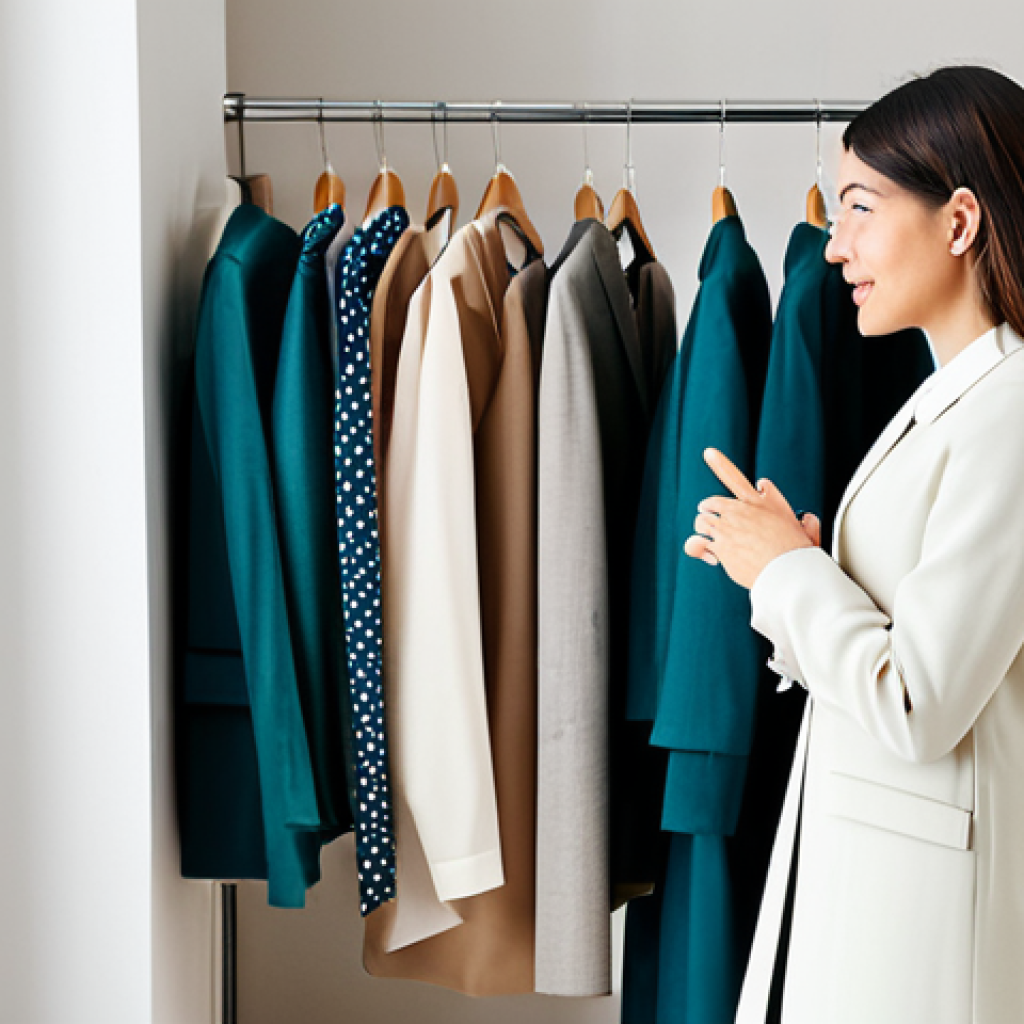 A professional female fashion coordinator, dressed in a modest and elegant business casual outfit, stands in a bright, modern consultation studio. She is gently gesturing towards an open, well-organized wardrobe, engaging in an insightful conversation with an adult female client who is thoughtfully considering a clothing item. The studio is minimalist, featuring soft natural lighting, a large mirror, and racks filled with neatly arranged, high-quality, fully clothed, modest attire. The scene conveys an empathetic and empowering "wardrobe therapy" session, focused on personal style discovery. high-resolution, professional photography, studio lighting, crisp details, sharp focus, vibrant colors, perfect anatomy, correct proportions, natural pose, well-formed hands, proper finger count, natural body proportions, safe for work, appropriate content, fully clothed, professional, modest, family-friendly.