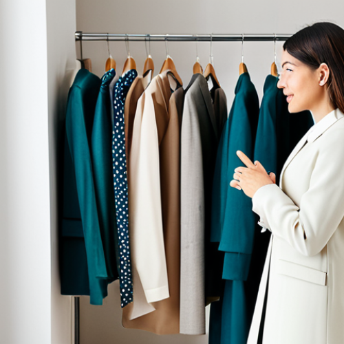 Home 8 A professional female fashion coordinator, dressed in a modest and elegant business casual outfit, stands in a bright, modern consultation studio. She is gently gesturing towards an open, well-organized wardrobe, engaging in an insightful conversation with an adult female client who is thoughtfully considering a clothing item. The studio is minimalist, featuring soft natural lighting, a large mirror, and racks filled with neatly arranged, high-quality, fully clothed, modest attire. The scene conveys an empathetic and empowering "wardrobe therapy" session, focused on personal style discovery. high-resolution, professional photography, studio lighting, crisp details, sharp focus, vibrant colors, perfect anatomy, correct proportions, natural pose, well-formed hands, proper finger count, natural body proportions, safe for work, appropriate content, fully clothed, professional, modest, family-friendly.