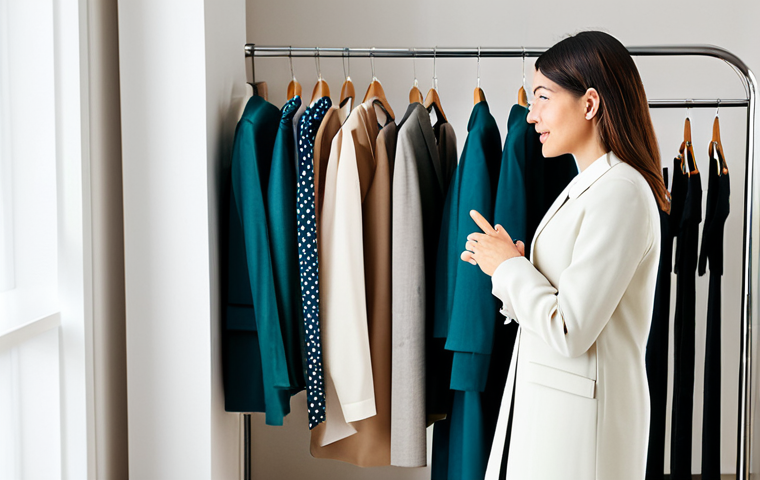 A professional female fashion coordinator, dressed in a modest and elegant business casual outfit, stands in a bright, modern consultation studio. She is gently gesturing towards an open, well-organized wardrobe, engaging in an insightful conversation with an adult female client who is thoughtfully considering a clothing item. The studio is minimalist, featuring soft natural lighting, a large mirror, and racks filled with neatly arranged, high-quality, fully clothed, modest attire. The scene conveys an empathetic and empowering "wardrobe therapy" session, focused on personal style discovery. high-resolution, professional photography, studio lighting, crisp details, sharp focus, vibrant colors, perfect anatomy, correct proportions, natural pose, well-formed hands, proper finger count, natural body proportions, safe for work, appropriate content, fully clothed, professional, modest, family-friendly.