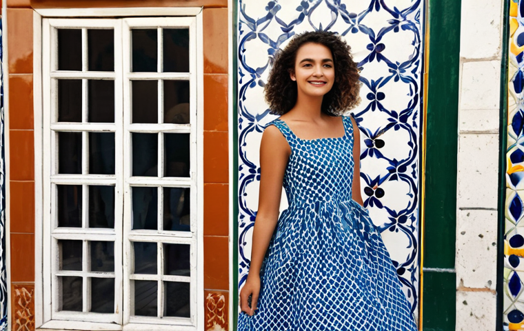 **
"A vibrant fashion editorial shot in Lisbon's Alfama district. A stylish model, *totalmente vestida* in a flowing, colorful dress made from recycled fabrics, poses confidently against a backdrop of traditional Portuguese tiles. The dress incorporates *azulejo*-inspired patterns. *Luz natural*, creating a warm, inviting atmosphere. Perfect anatomy, correct proportions, well-formed hands, proper finger count, natural body proportions. Safe for work, appropriate content, fully clothed, modest, family-friendly, professional photography, high quality."
**