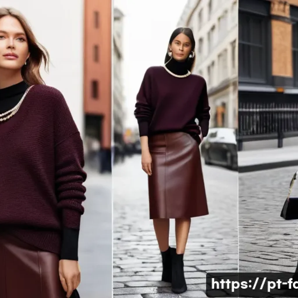 패션 코디네이터가 추천하는 최신 코디 기술 - A stylish woman layering her outfit with a thick wool sweater over a sleek leather skirt and suede a...