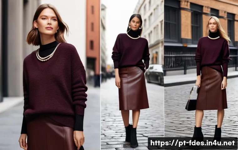 패션 코디네이터가 추천하는 최신 코디 기술 - A stylish woman layering her outfit with a thick wool sweater over a sleek leather skirt and suede a...