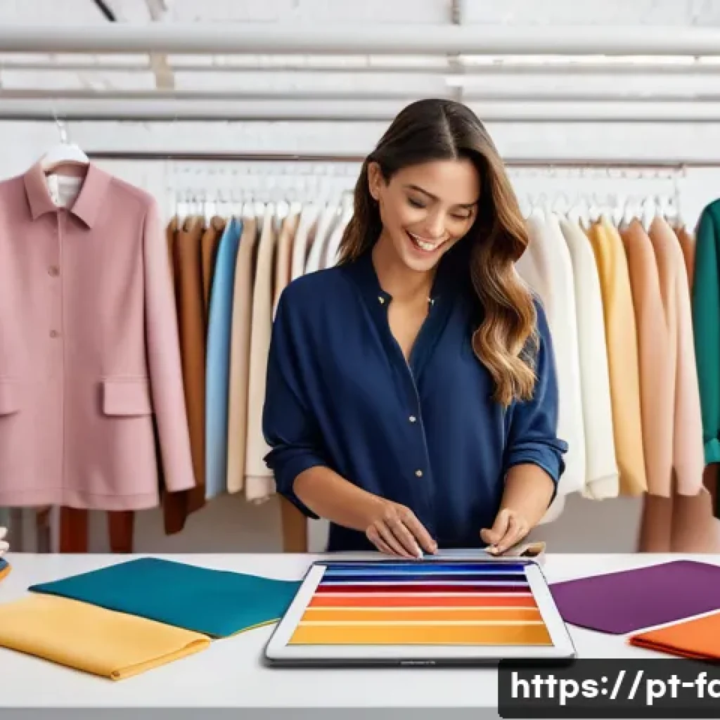 패션 코디네이터 준비과목 - A sophisticated fashion coordinator in a modern Brazilian studio, surrounded by vibrant color palett...