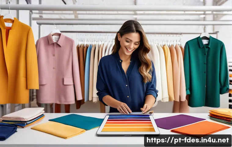 패션 코디네이터 준비과목 - A sophisticated fashion coordinator in a modern Brazilian studio, surrounded by vibrant color palett...