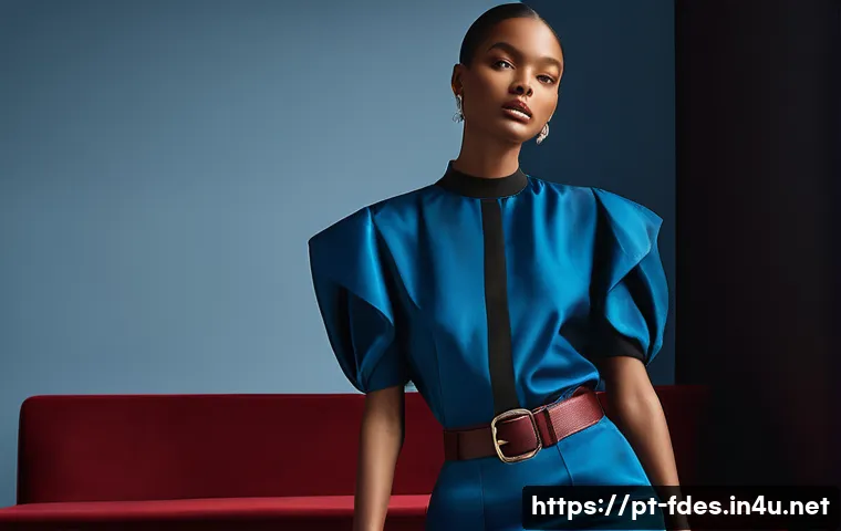 패션 코디네이터 실무 활용 사례 - A sophisticated fashion editorial scene featuring a model wearing a mix of silk, leather, and cotton...