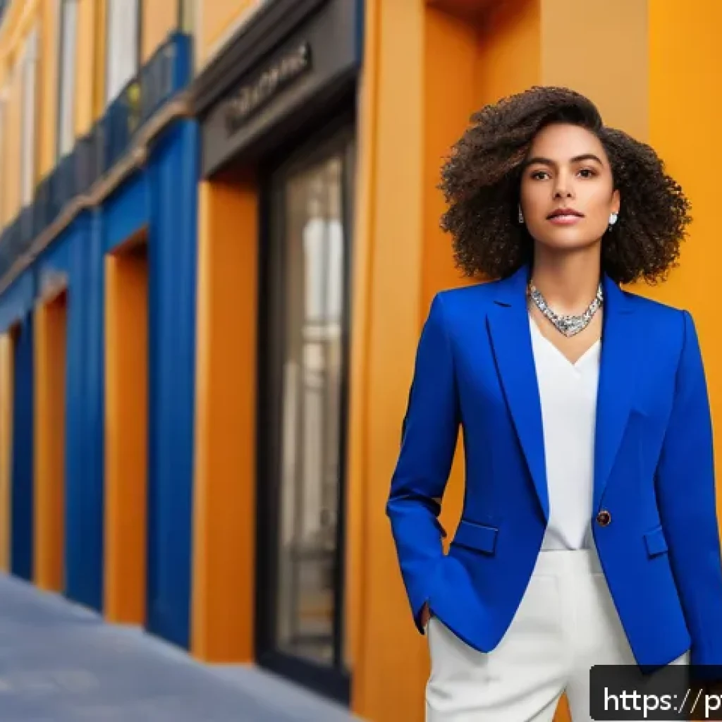 패션 코디네이터가 추천하는 스타일링 기술 - A stylish young adult woman in a vibrant royal blue blazer paired with classic black trousers, stand...