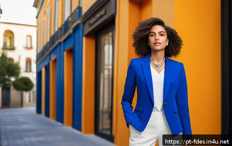패션 코디네이터가 추천하는 스타일링 기술 - A stylish young adult woman in a vibrant royal blue blazer paired with classic black trousers, stand...