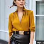 패션 코디네이터가 추천하는 아이템 믹스 - A sophisticated urban outfit featuring a woman wearing a fitted black leather jacket paired with a f...