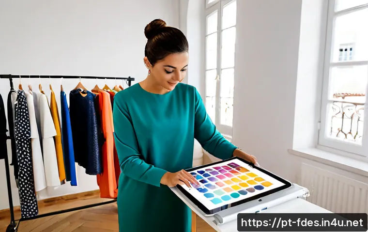 패션 코디네이터의 디지털 활용법 - Photorealistic fashion coordinator in a bright Lisbon studio, arranging a color-coordinated clothing...